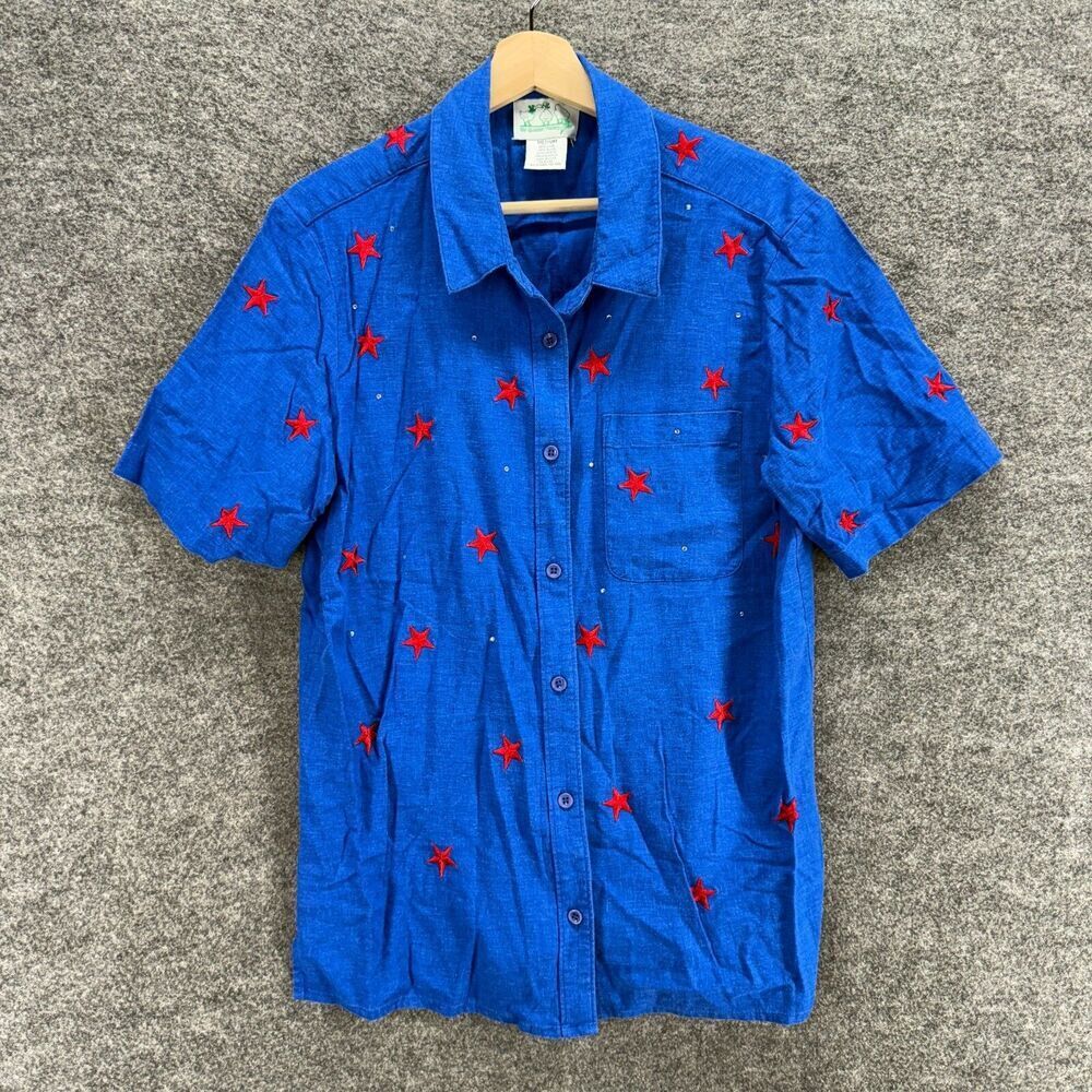 The Quacker Factory Shirt Women M Medium Blue Star Print Button Up Linen Casual